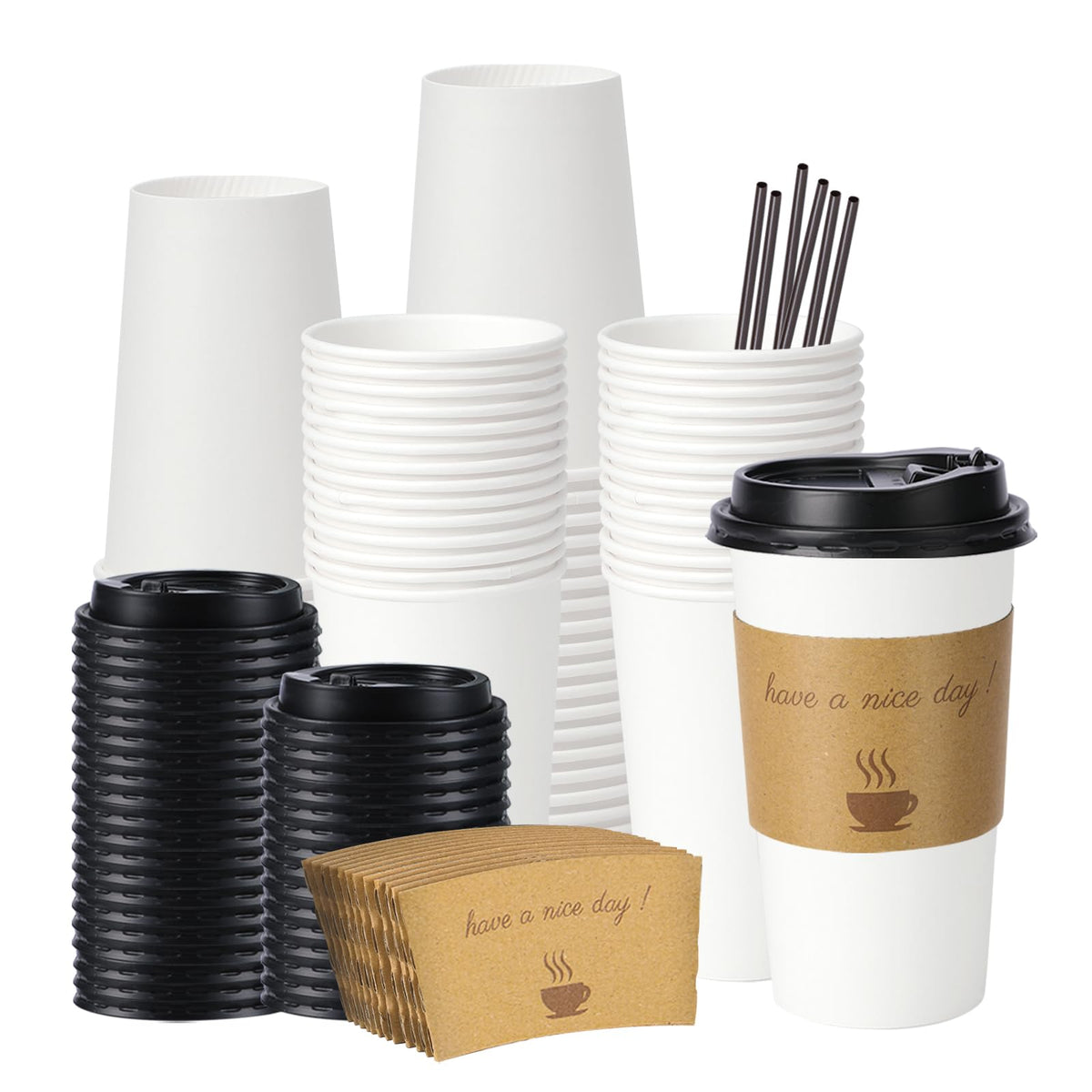BYSNOW 100 pack 12 oz Disposable Coffee Cups with Lids Thickened Hot Cups