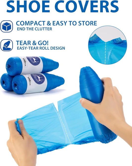 200 Pack (100Pairs) Shoe Covers Disposable Non-Slip, Waterproof CPE Boot Booties on Roll for Easy Storage, Hygienic Foot Covers for Indoor Cleaning Service, Contractors, Workplace Use, Fits Most