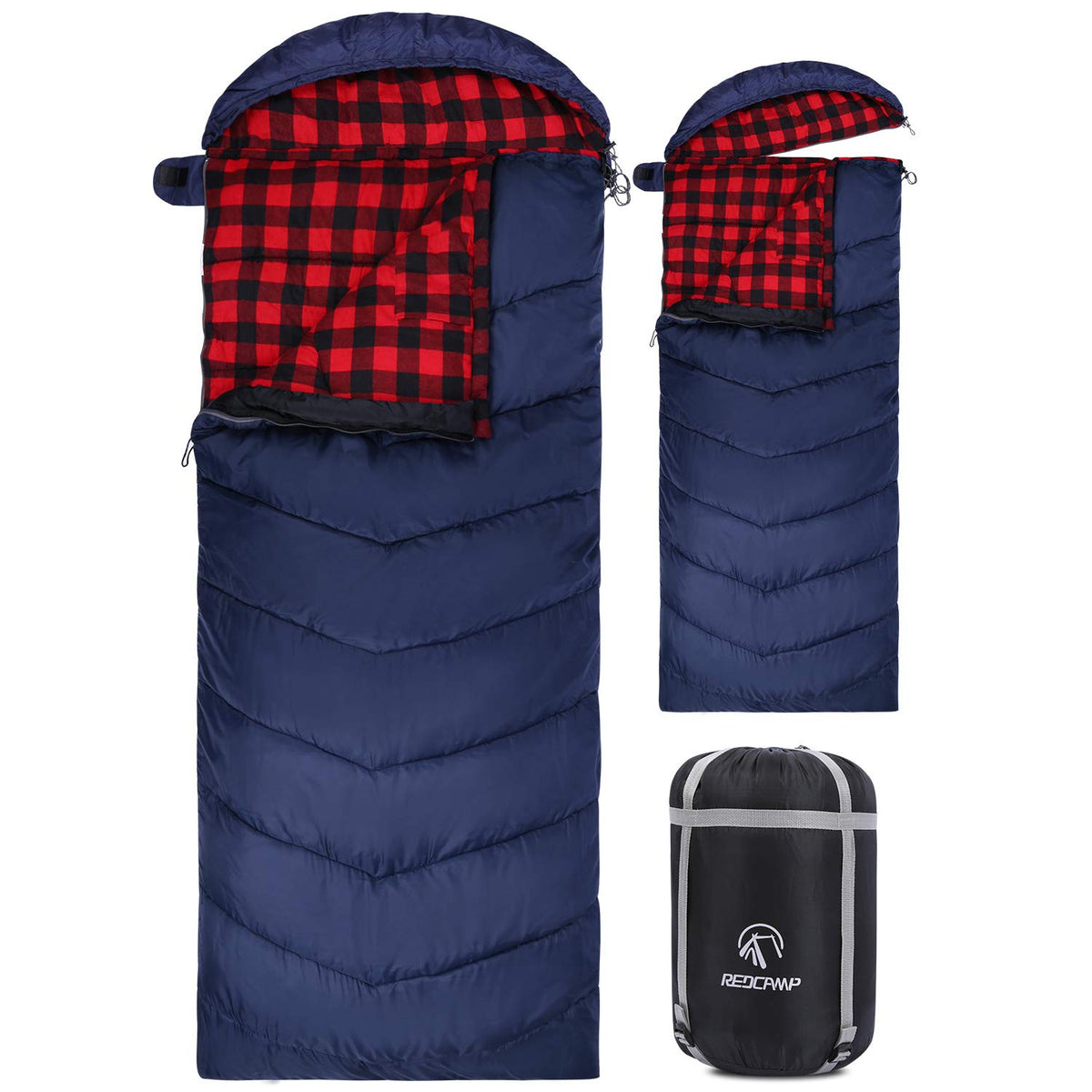 REDCAMP Flannel Sleeping Bag for Adults, Comfortable Cotton Envelope Sleeping Bags for Camping, Backpacking, Hiking, with Detachable Hood&Compression Sack, Blue/Red/Grey/Black