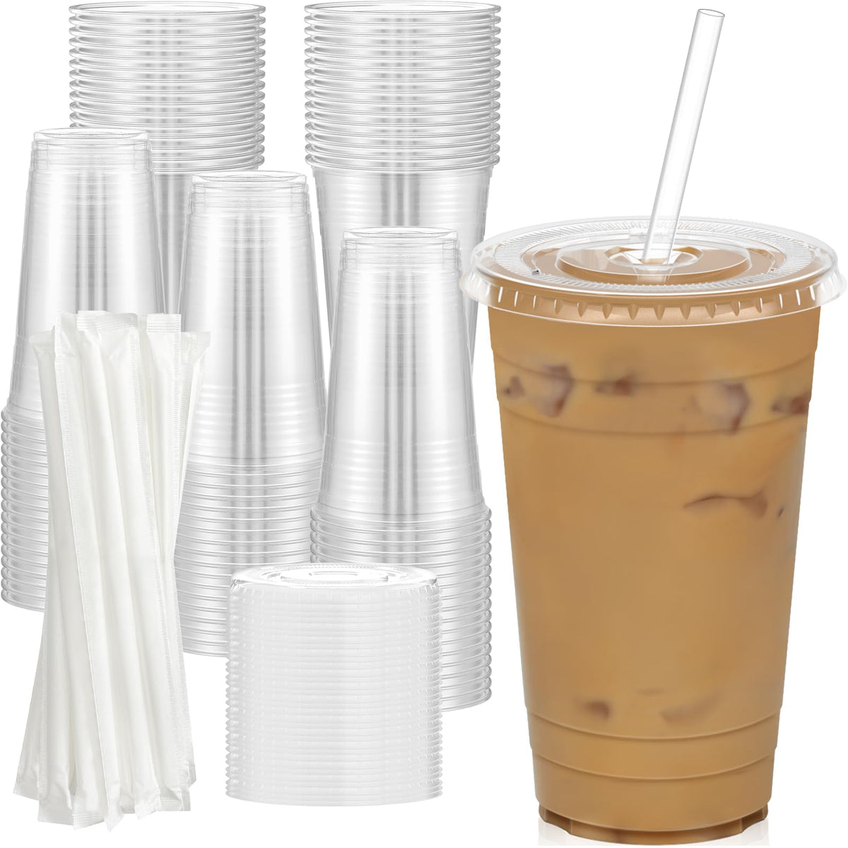 Dealusy 100 Pack - 16 oz Clear Plastic Cups with Lids and Straws