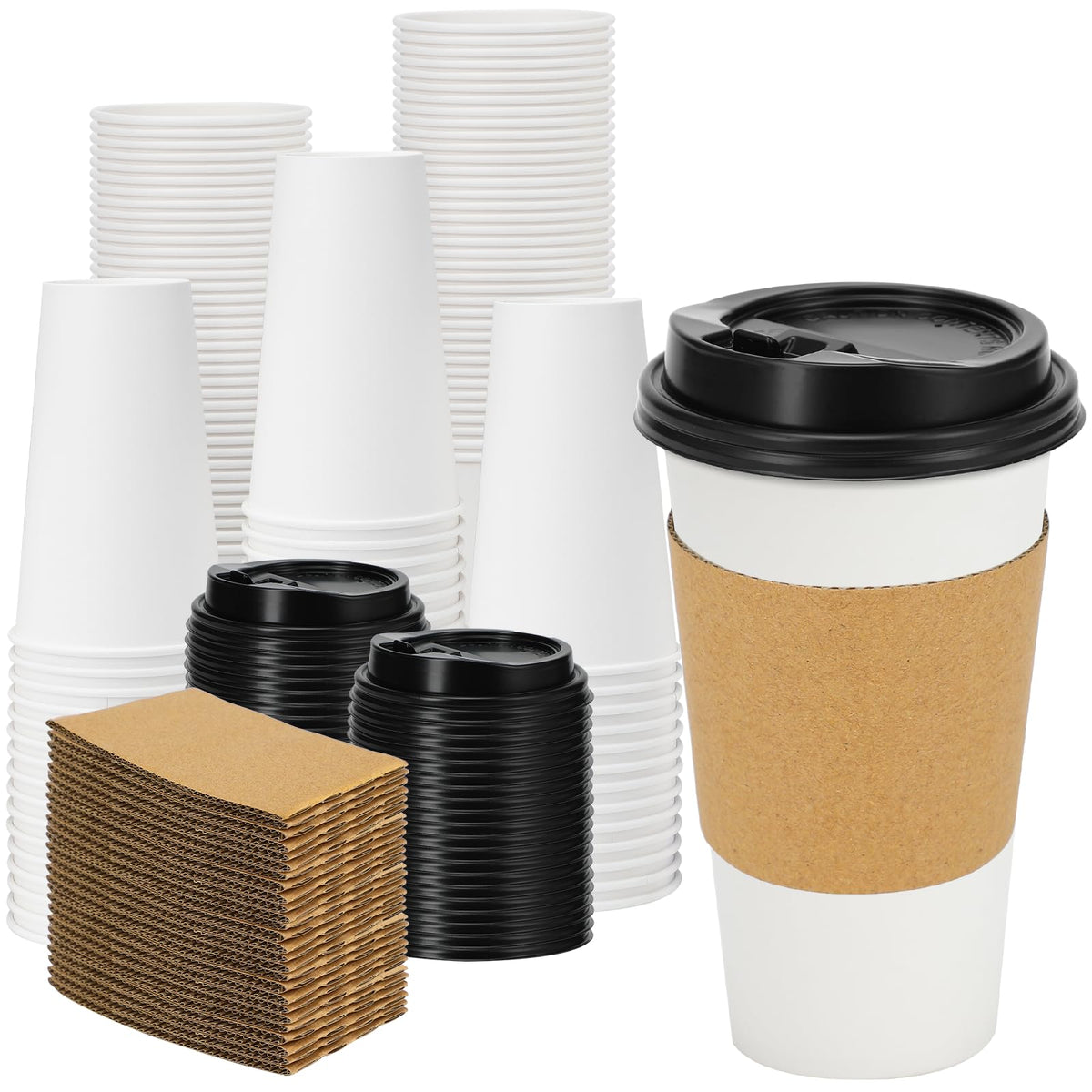 Lamosi 100 Pack 16 oz Disposable Coffee Cups With Lids and Sleeves