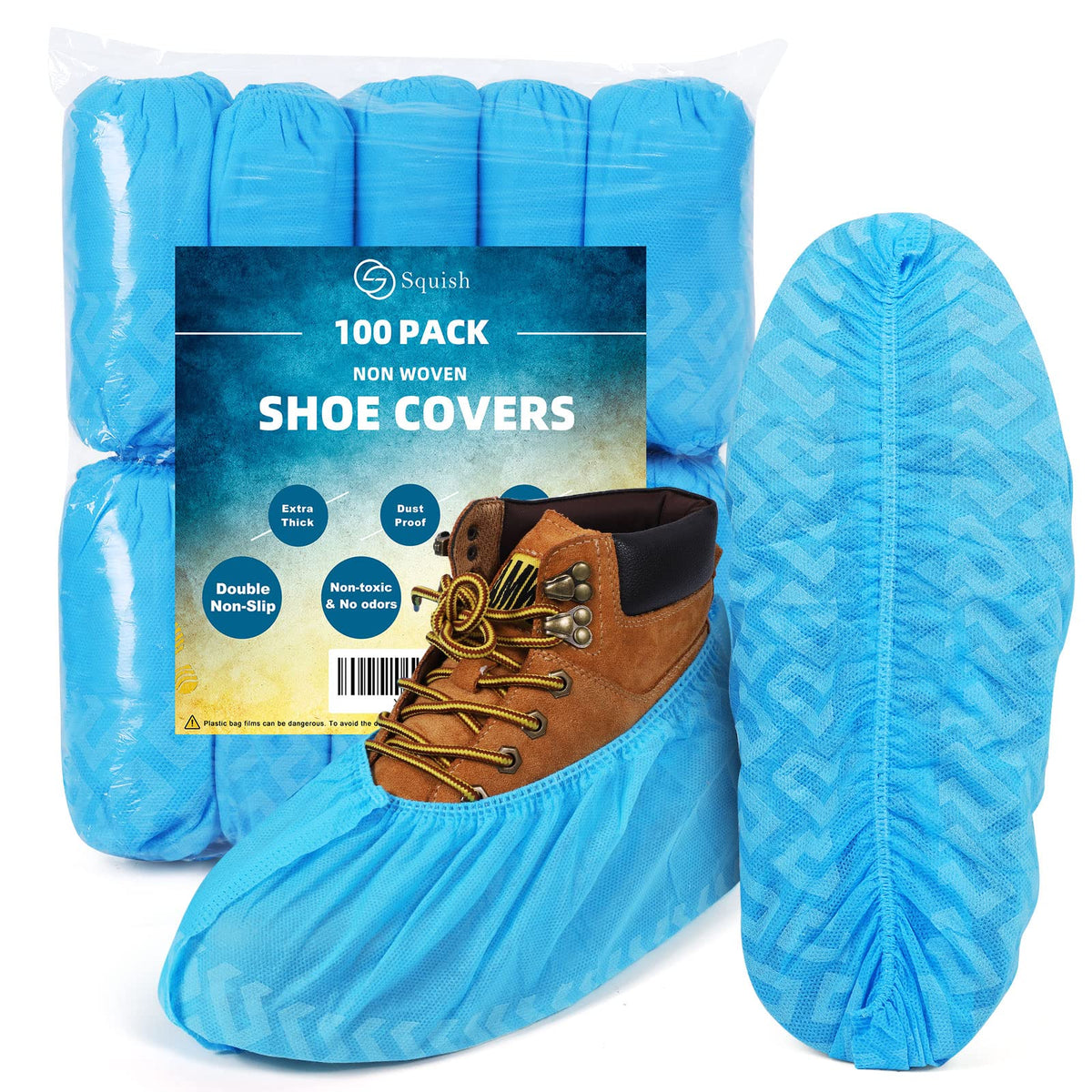 squish Shoe Covers Disposable Non Slip, 100 Pack(50 pairs) Thick Extra Disposable Boot Covers Slip Proof Shoe Cover for Indoors Outdoors Recyclable Protector Covers Fits Virtually Most Shoes