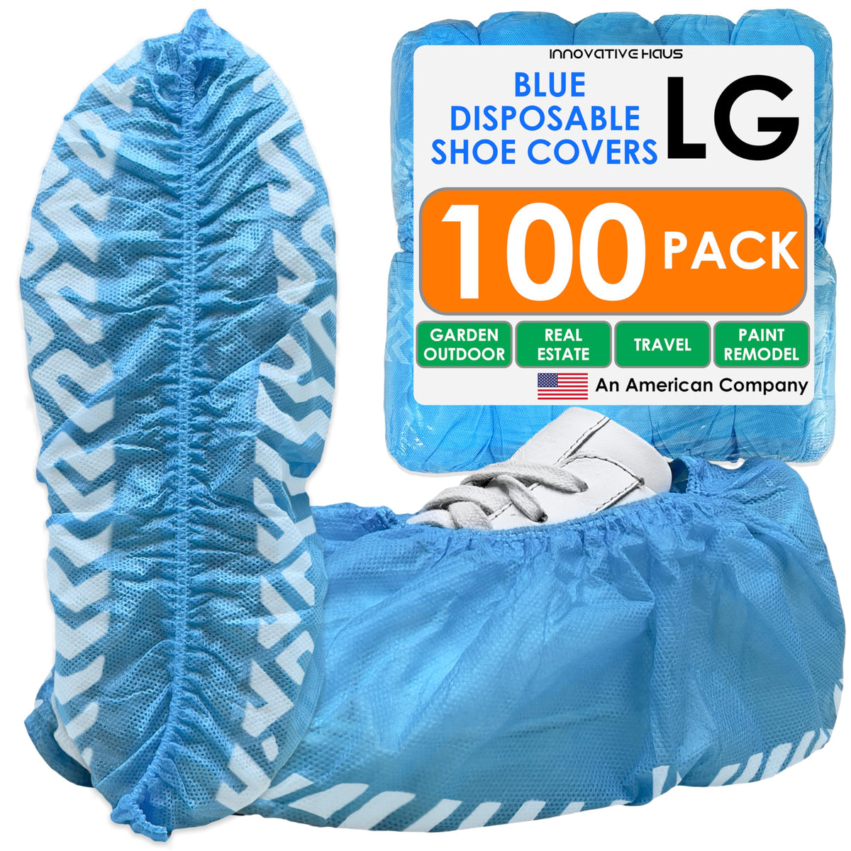 Innovative Haus Blue Disposable Shoe Covers, Non Slip Booties, 100 Pack, LG