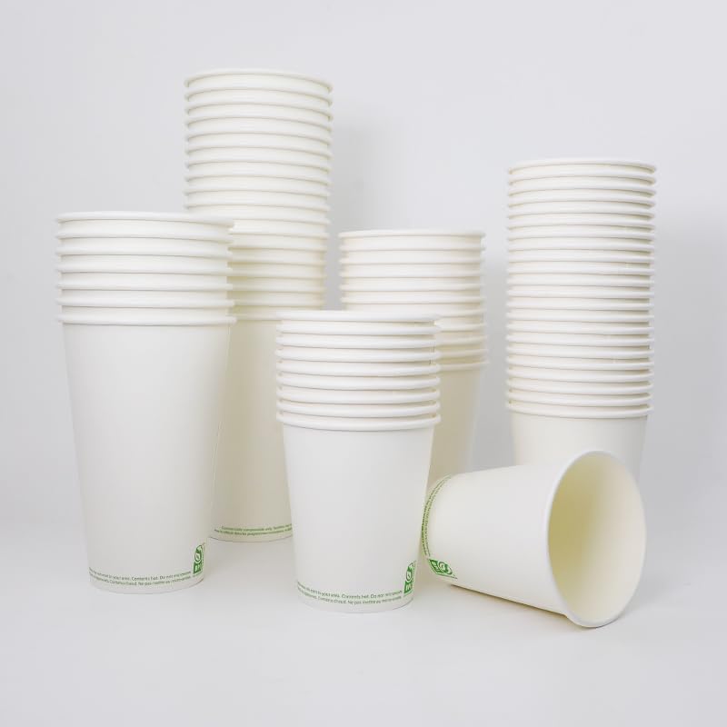 Amazon Basics Disposable Coffee Cups for Hot Beverage and Cold Drinks, Leak-Proof Paper, 16 Ounces, White, 500 Count