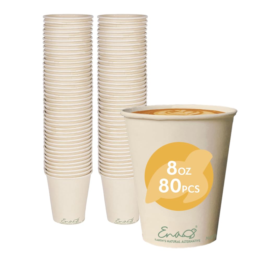 100% Compostable Disposable Coffee Cups [12oz 80 Pack] Paper Cups Made from Bamboo, Eco-Friendly, Biodegradable Premium Party Cups, Natural Unbleached by Earth's Natural Alternative
