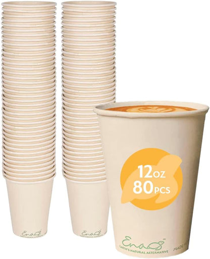 100% Compostable Disposable Coffee Cups [12oz 80 Pack] Paper Cups Made from Bamboo, Eco-Friendly, Biodegradable Premium Party Cups, Natural Unbleached by Earth's Natural Alternative