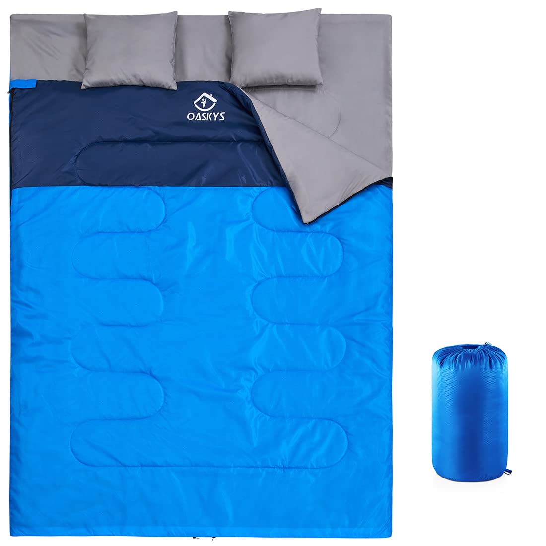 oaskys Double Sleeping Bag for Adults with 2 Pillows - Queen Size XL Waterproof Sleeping Bag for All Season Camping Hiking Backpacking 2 Person Sleeping Bags for Cold Weather & Warm