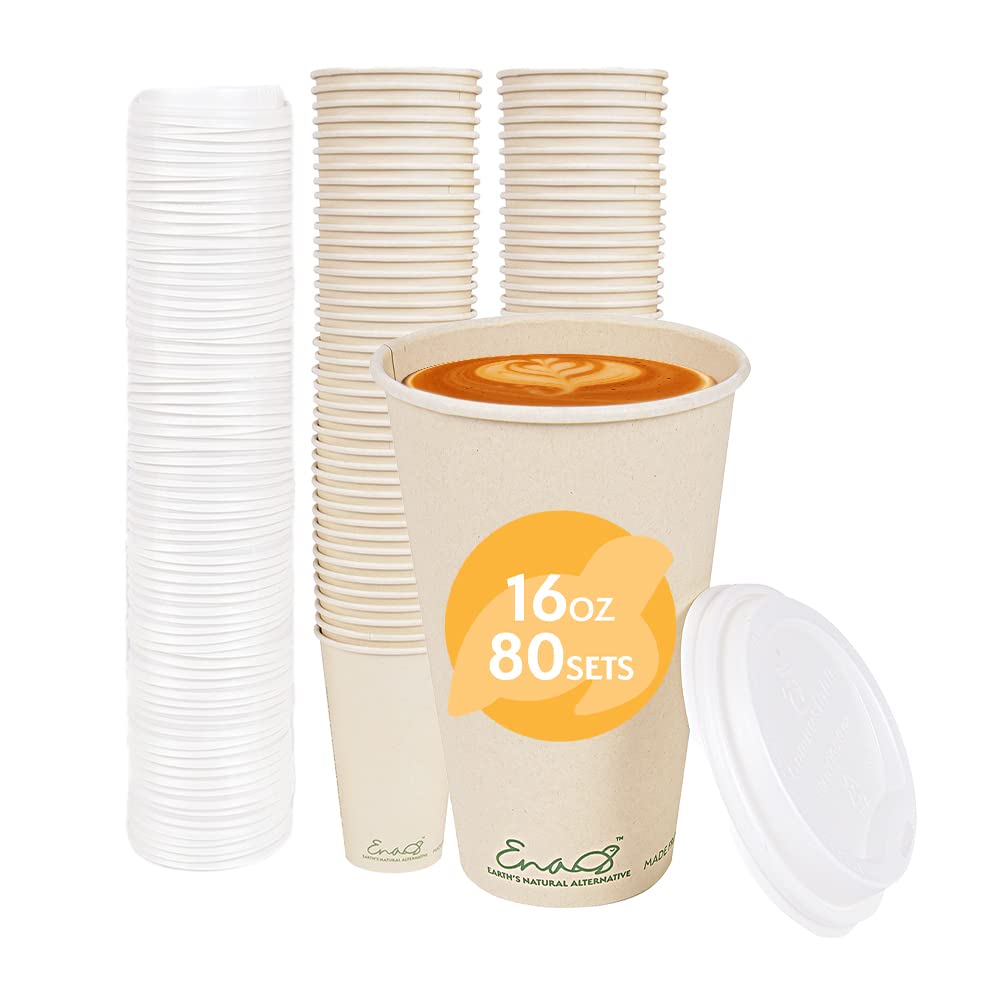 100% Compostable Disposable Coffee Cups [12oz 80 Pack] Paper Cups Made from Bamboo, Eco-Friendly, Biodegradable Premium Party Cups, Natural Unbleached by Earth's Natural Alternative