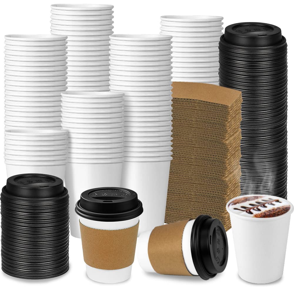 Ginkgo 100 Pack 12 oz Leak-Proof Coffee Cups with Lids and Sleeves
