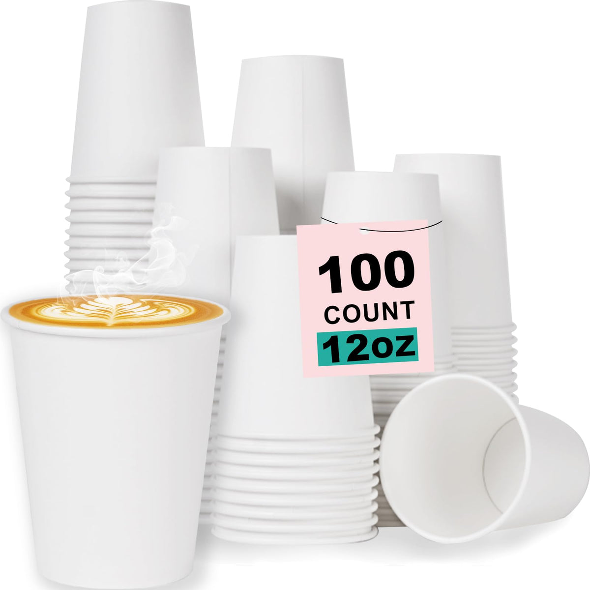 12 oz 100 Pack Disposable Coffee Cups, Bulk White Disposable Paper Cups, Coffee Cups for Hot Tea, Chocolate and Cold Drinks
