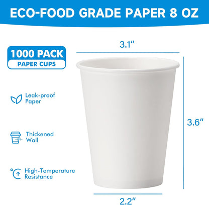 RACETOP 8 oz 1000 Pack Disposable Paper Coffee Cups, Ideal for Party, Home
