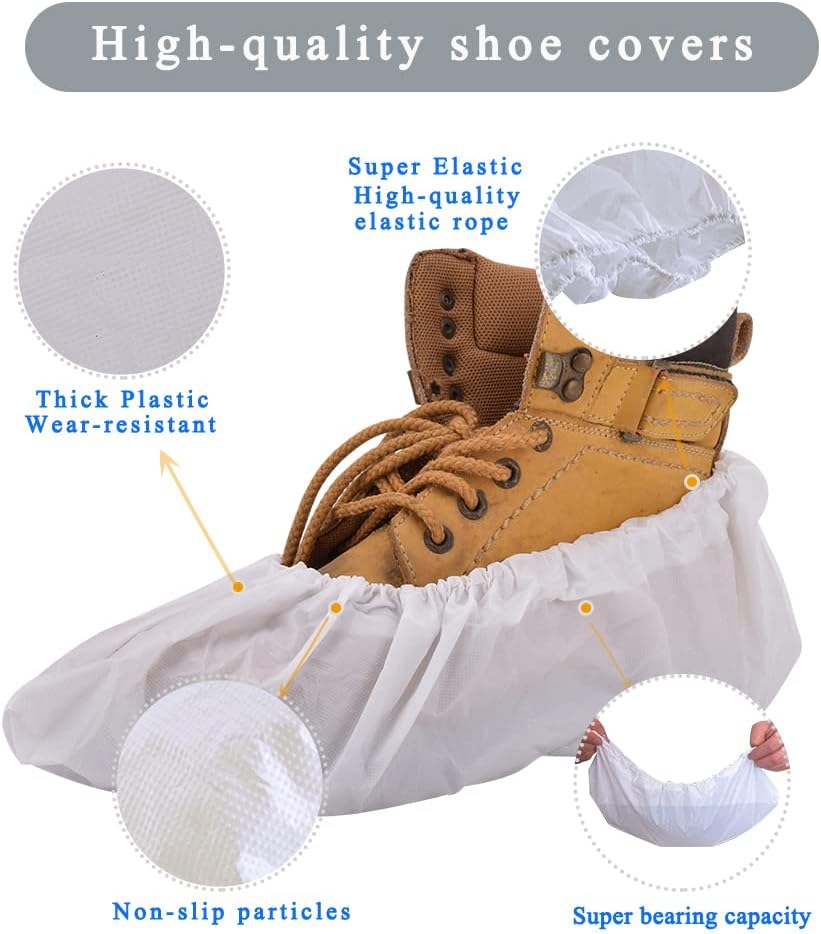 Shoe Covers Disposable,200Pack（100 Pairs）Boot Covers Waterproof Non Slip -Resistant One Size Fits Most for Rain Cleaning Indoor Floor Protection,White