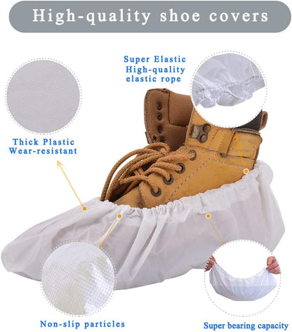 Shoe Covers Disposable,200Pack（100 Pairs）Boot Covers Waterproof Non Slip -Resistant One Size Fits Most for Rain Cleaning Indoor Floor Protection,White