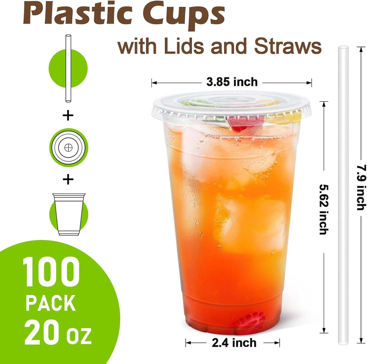 Clawsoff 100 Pack 20 oz Disposable Clear Plastic Cups with Lids and Straws