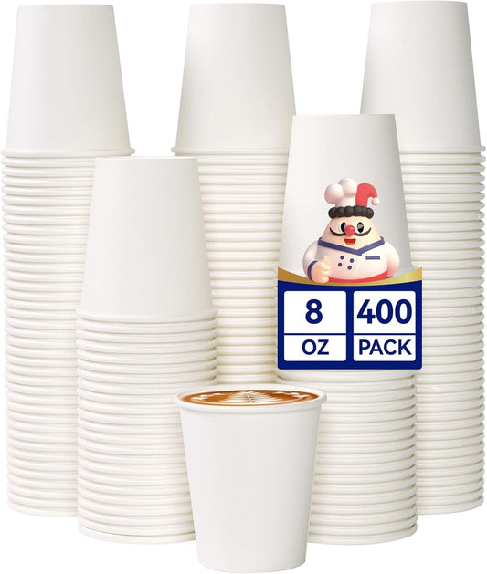 JOLLY CHEF 8 oz Paper Coffee Cups, White Beverages 400 Pack Drinking Cups