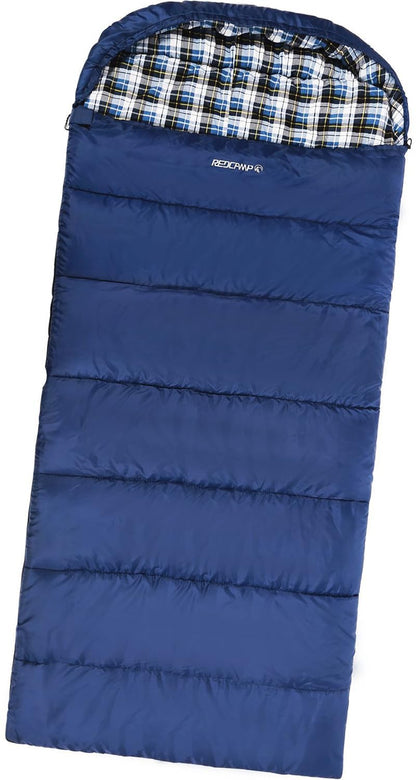 REDCAMP Flannel Sleeping Bag for Adults, Comfortable Cotton Envelope Sleeping Bags for Camping, Backpacking, Hiking, with Detachable Hood&Compression Sack, Blue/Red/Grey/Black