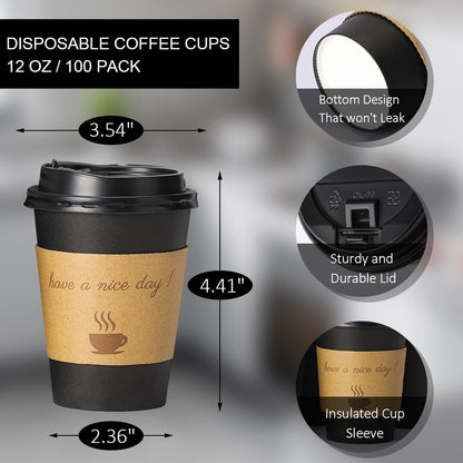 BYSNOW 100 pack 12 oz Disposable Coffee Cups with Lids Thickened Hot Cups