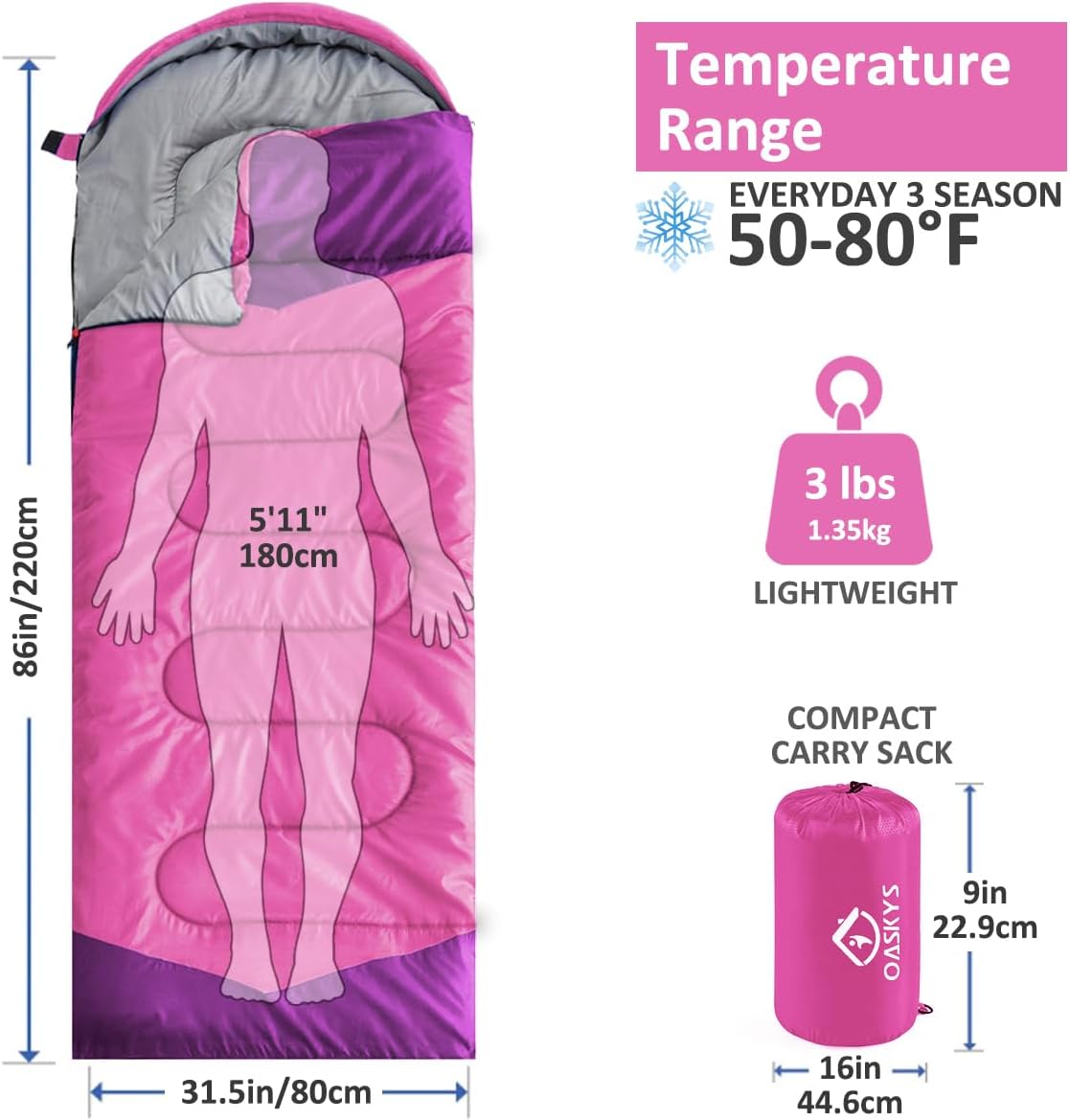 oaskys Camping Sleeping Bag - 3 Season Warm & Cool Weather - Summer Spring Fall Lightweight Waterproof for Adults Kids - Camping Essentials Gear Accessories Hiking Sleep Must Haves