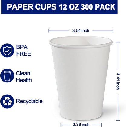 Clawsoff 300 Count 12 oz Paper Coffee Cups Disposable White Hot Coffee Cups