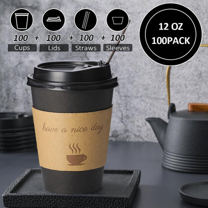 BYSNOW 100 pack 12 oz Disposable Coffee Cups with Lids Thickened Hot Cups