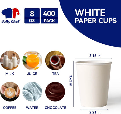 JOLLY CHEF 8 oz Paper Coffee Cups, White Beverages 400 Pack Drinking Cups