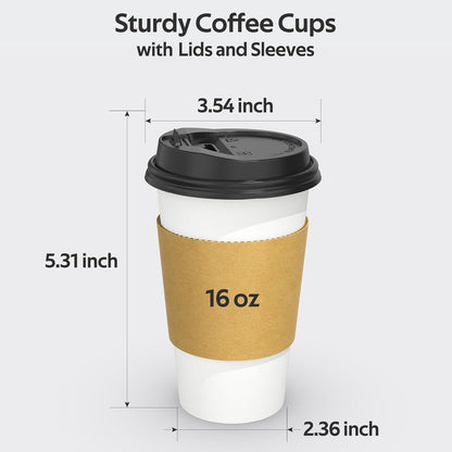Dealusy 100 Pack 16 oz Disposable Coffee Cups with Lids and Sleeves