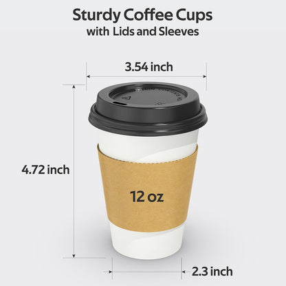 Dealusy 100 Pack 12 oz Disposable Coffee Cups with Sip Lids and Sleeves