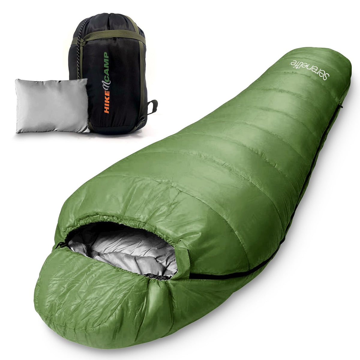 SereneLife 0 Degree Mummy Sleeping Bag – Military-Style, Lightweight & Waterproof for Extreme Cold, Stays Warm in 5–10°F, No-Snag Zipper, Compact Carry Bag & Travel Pillow for Camping & Backpacking