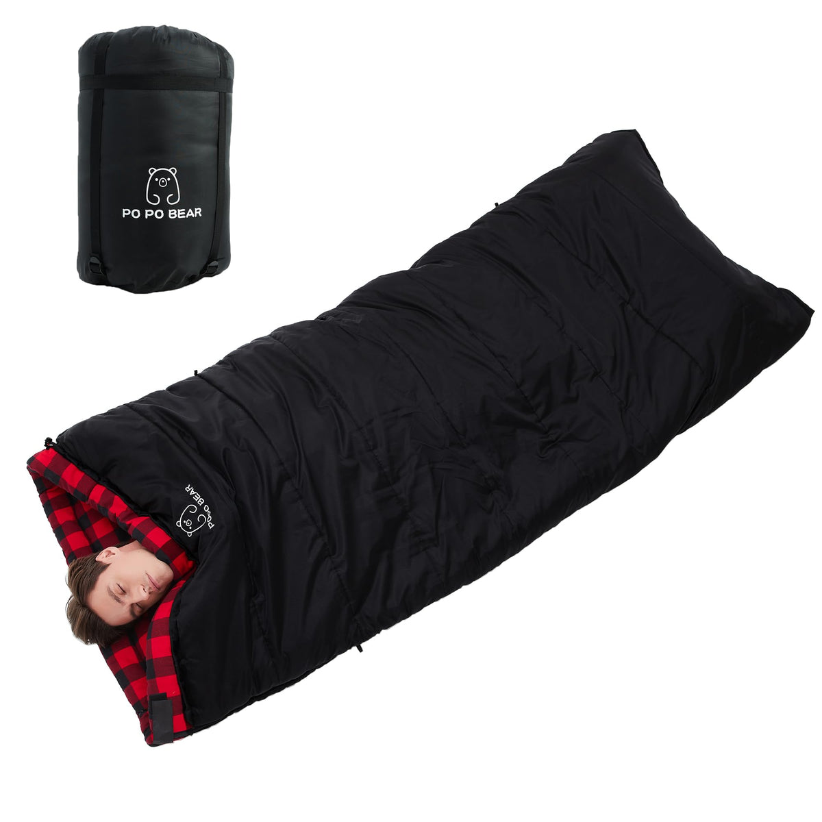 PO PO BEAR 0 Degree Sleeping Bag for Adults, 84" x 40" Big & Tall Cold Weather Sleeping Bag with Soft Flannel Lining