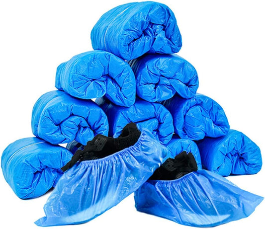 JIAQUAN 100 Pack (50 Pairs) Disposable Plastic Shoe Covers & Boot Covers Waterproof Non-slip for Construction, Workplace, Indoor Carpet Floor Protection,One Size Fits Most.