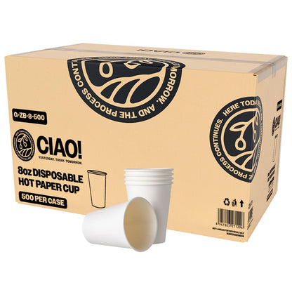 CIAO! 8oz White Paper Hot Cup, Disposable, 80mm Diameter 1,000 Count