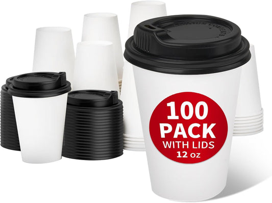 RACETOP Disposable Paper Coffee Cups with Lids, 12 oz, 100 Pack