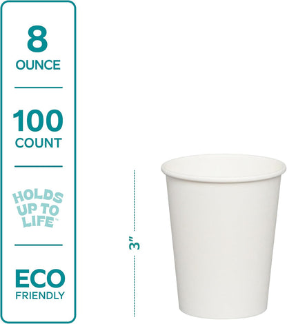 GUSTO 8 oz Disposable White Paper Cups [100 Count] Hot Coffee Cups