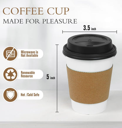 Ginkgo 100 Pack 12 oz Thickened Coffee Cups with Lids and Sleeves