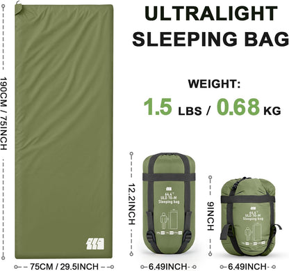 Ultralight Warm Weather Sleeping Bag - Portable, Waterproof, Compact Lightweight, Comfort with Compression Sack - Great for Outdoor Camping, Backpacking & Hiking