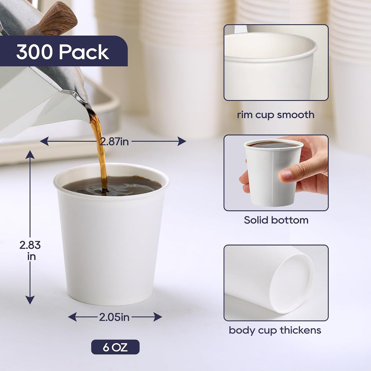 LITOPAK 300 Count 6 oz Paper Cups, Disposable White Paper Coffee Cups