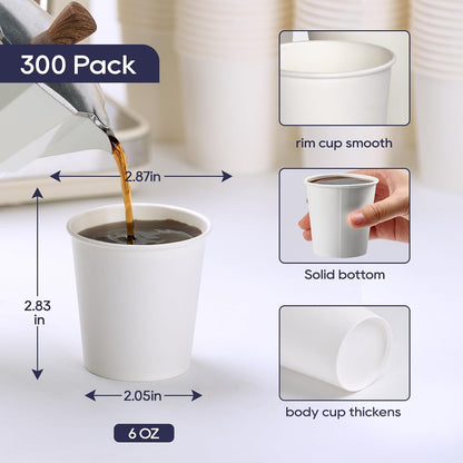 LITOPAK 300 Count 6 oz Paper Cups, Disposable White Paper Coffee Cups