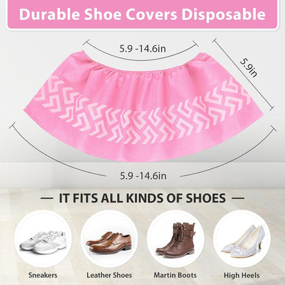 Sfee 100 Pack Shoe Covers-Disposable Shoe Covers for Indoors, Non Slip, Durable, Recyclable Non Woven Booties Shoes Cover for Workplace, Office, Home Floor Carpet Protection, One Size Fits All (Pink)