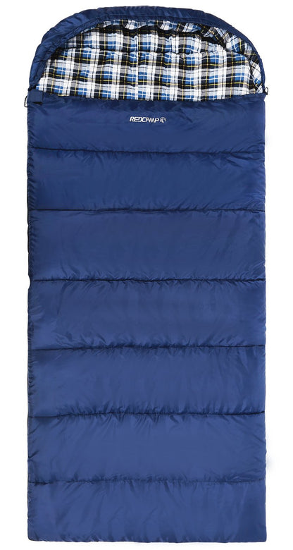 REDCAMP Flannel Sleeping Bag for Adults, Comfortable Cotton Envelope Sleeping Bags for Camping, Backpacking, Hiking, with Detachable Hood&Compression Sack, Blue/Red/Grey/Black