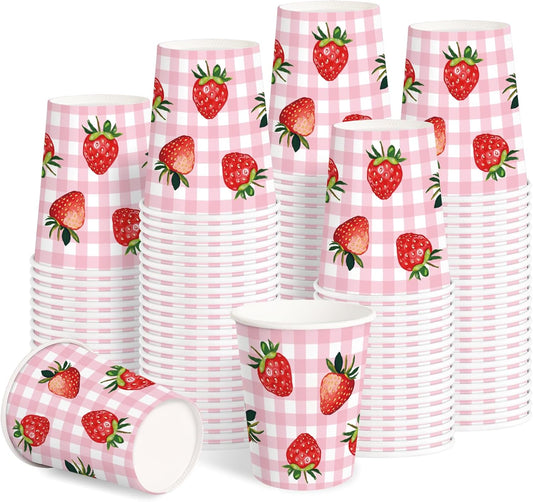 RUSPEPA 50 Pack Strawberry Paper Cups, 9oz Pink Gingham Strawberry Design Disposable Party Cups for Hot/Cold Beverages, Water, Juice, Girls Birthday, Baby Shower, Picnic, Summer Garden Party Supplies