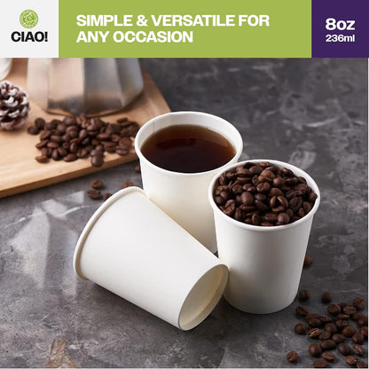 CIAO! 8oz White Paper Hot Cup, Disposable, 80mm Diameter 1,000 Count