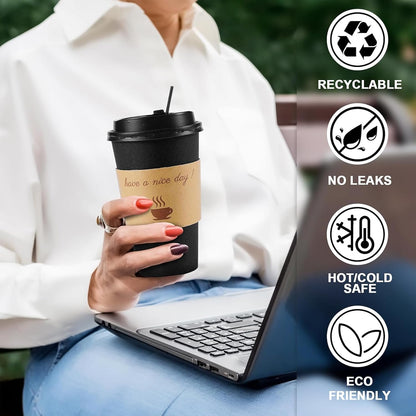 Clawsoff 100 Pack 16 oz Disposable Paper Coffee Cups with Lids(Black)