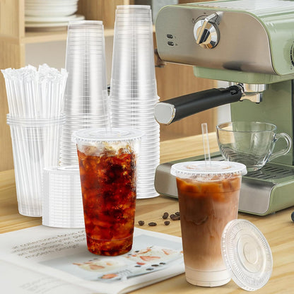 Lamosi 100 Pack 20 oz Plastic Coffee Cups with Lids, Disposable Clear Cups