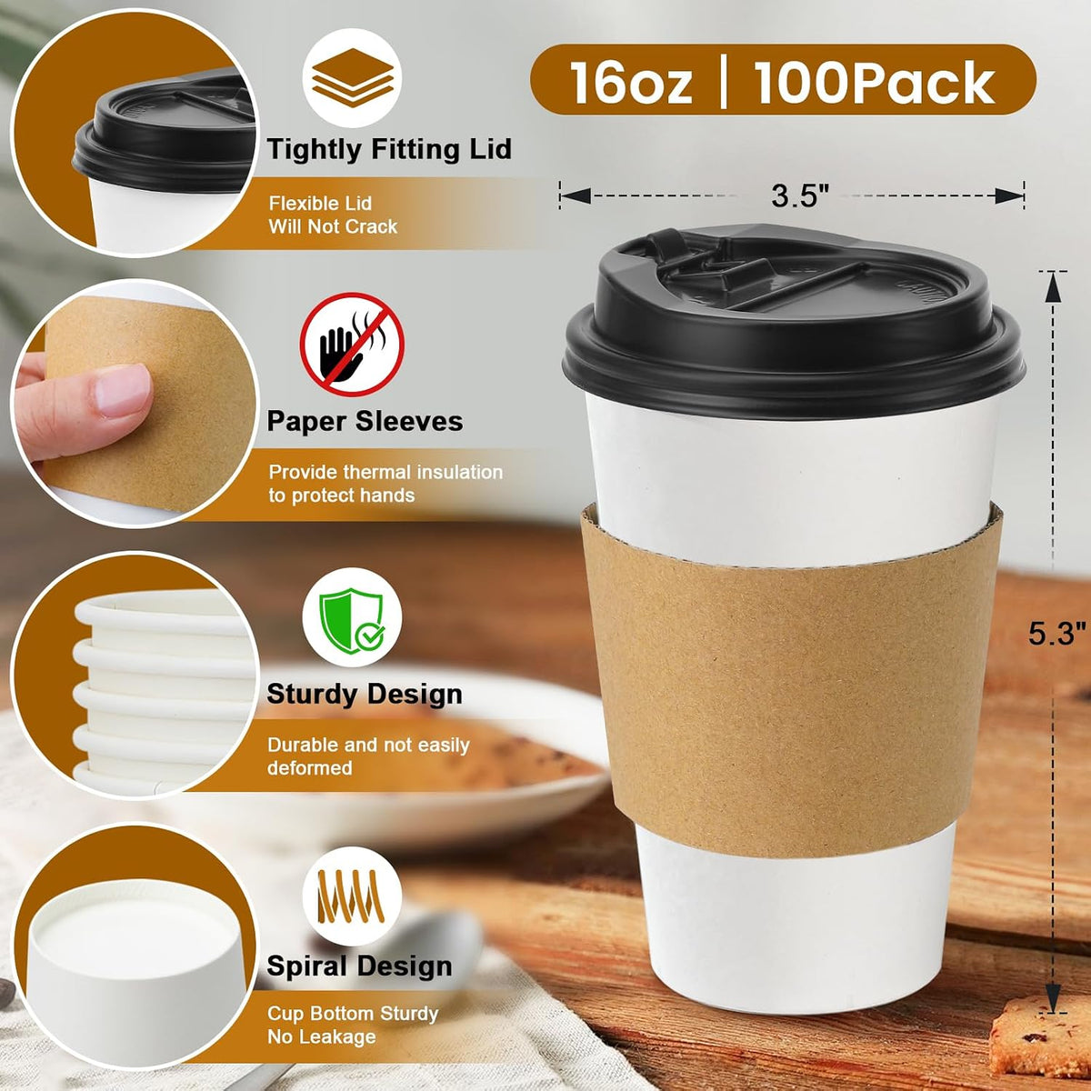 Lamosi 100 Pack 16 oz Disposable Coffee Cups With Lids and Sleeves