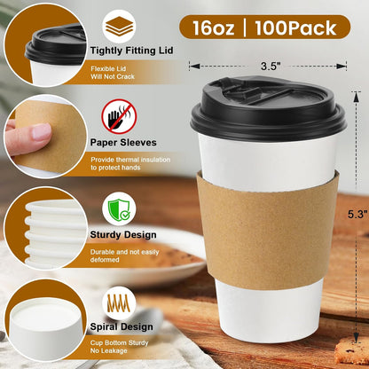 Lamosi 100 Pack 16 oz Disposable Coffee Cups With Lids and Sleeves