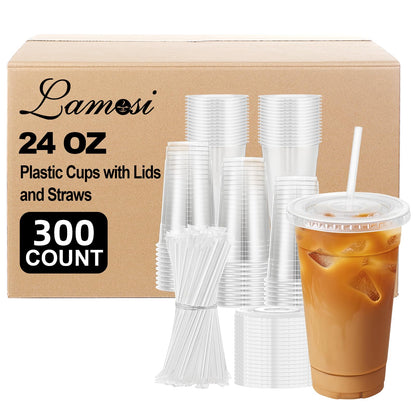Lamosi 100 Pack 20 oz Plastic Coffee Cups with Lids, Disposable Clear Cups