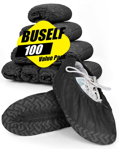 Buself X-Large 100 Count Shoe Covers Disposable Non-Slip, Premium Cloth Boot Covers, Slip-resistant, Durable, Breathable, Non-toxic, Recyclable, Stretchable Fits Up to Size 13 US Men - Black