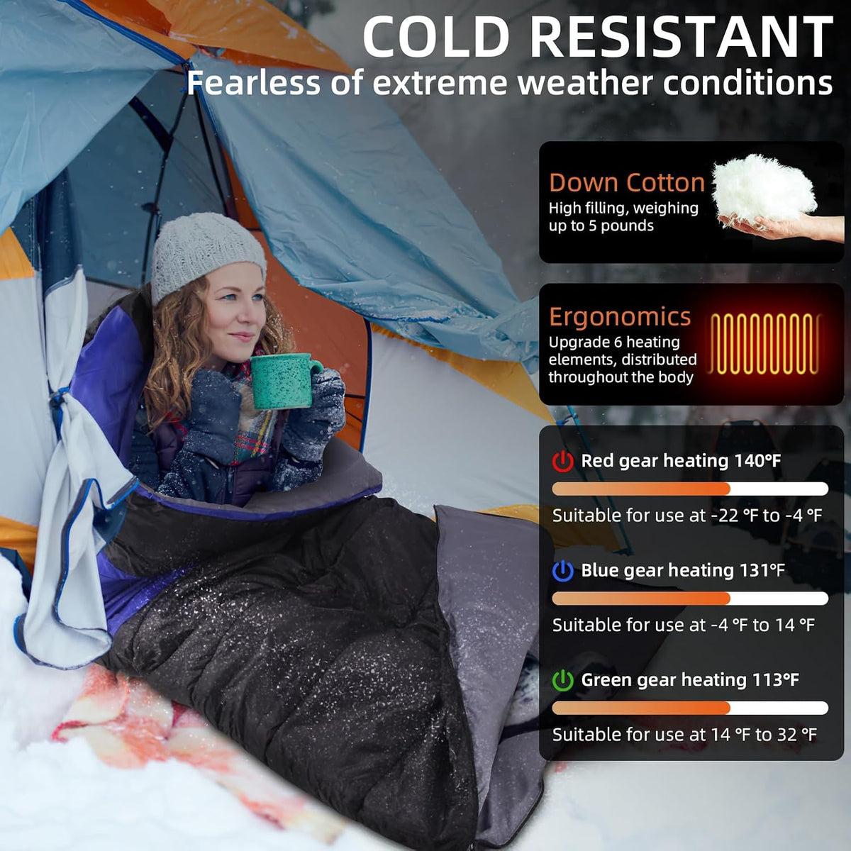 Extreme Cold Weather Heated Sleeping Bag for Adults | 6pcs Heating Areas Sleeping Bags, 3 Adjustable Heating Levels Cold Weather Sleeping Bag for All Season Hiking & Camping