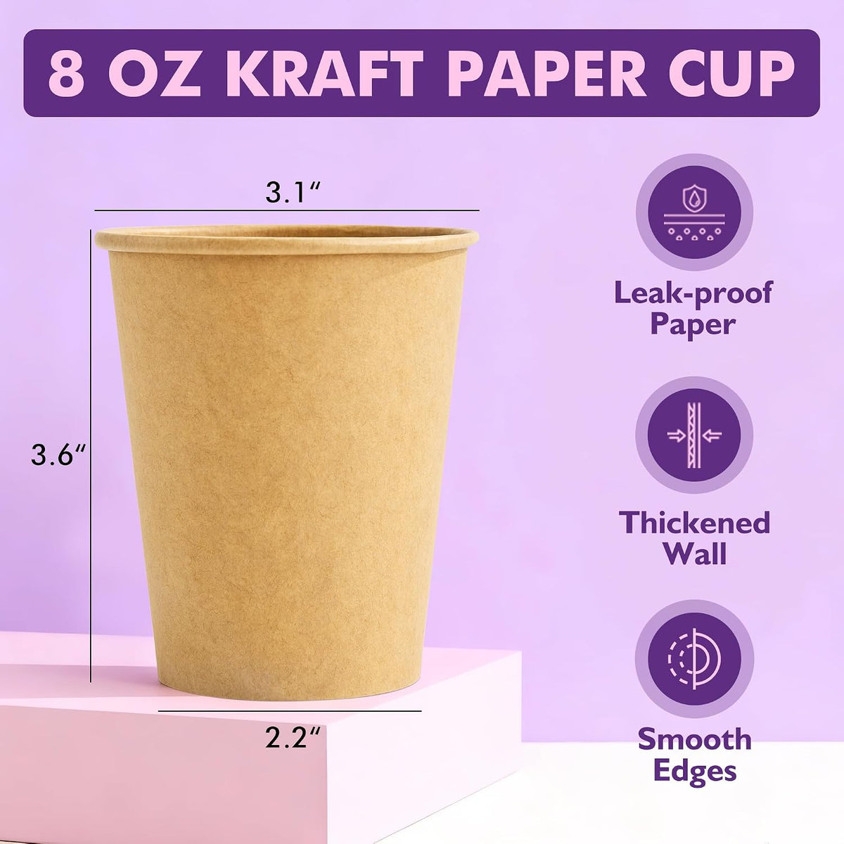 200 Pack 8oz Kraft Coffee Cups, Brown Kraft Disposable Paper Coffee Cups, Hot Coffee Cups & Cold Coffee Cups, Food-Safe Kraft Paper Cups, Heavy-Duty Disposable Paper Cups for Coffee, Tea, Cocoa, Water
