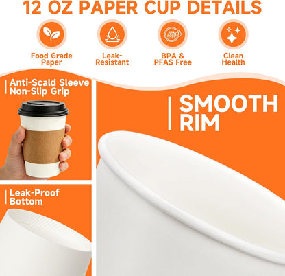 METAPRINT 100 Pack 12 oz Disposable Coffee Cups with Lids and Sleeves,White